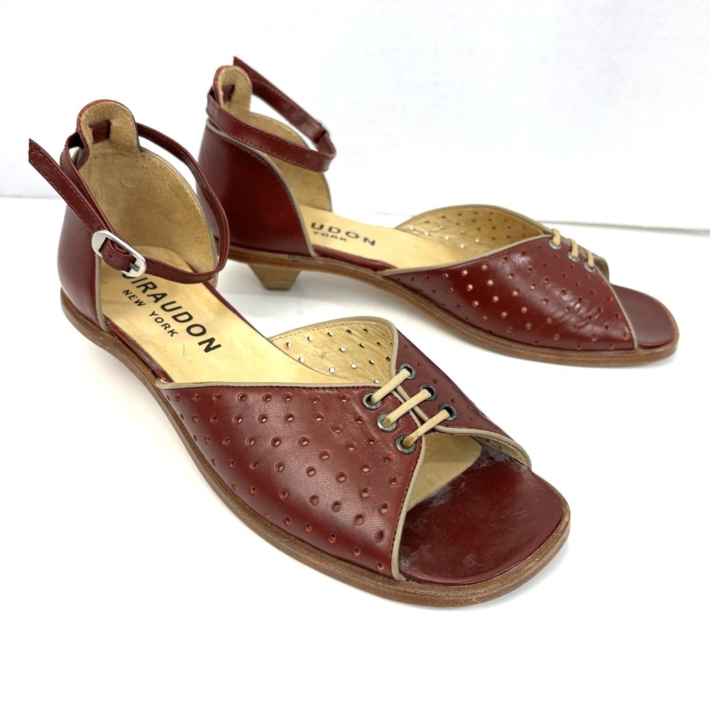 Vintage 90s Giraudon Kitten Heels Sandals 37 / 6.5 Leather Lace Up Twee Coquette